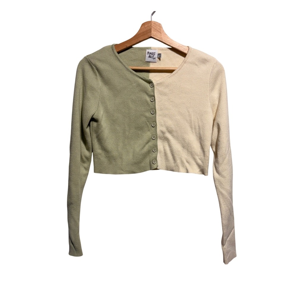 Princess Polly Pastel Cropped Knit Cardigan Size 4 Sage Green Cream Y2K Coquette